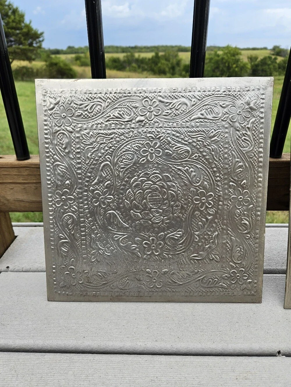 Pair Hosley Silver Metal Wall Tiles Embossed Floral Plaques Boho Shabby Chic 12